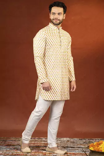 Cream sanganeri print kurta pajama