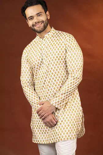 Cream sanganeri print kurta pajama