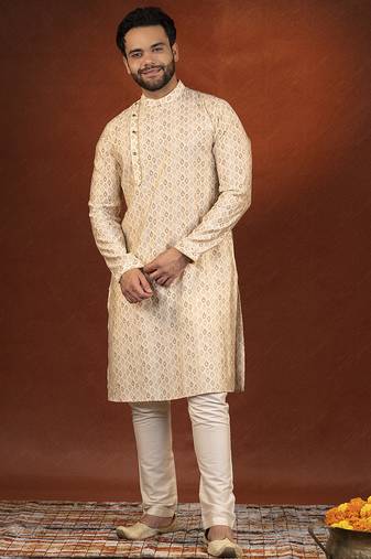 Cream printed side open kurta pajama
