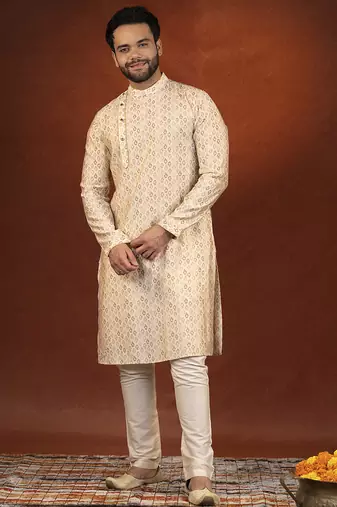 Cream printed side open kurta pajama