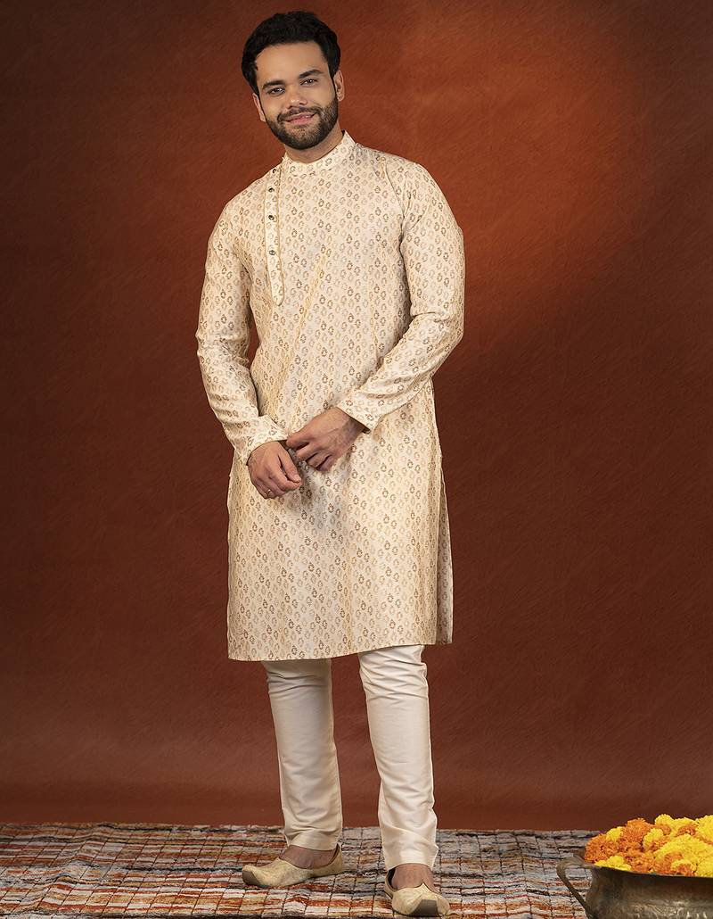 Cream printed side open kurta pajama