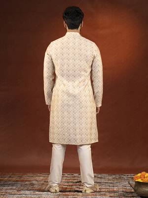 Cream printed side open kurta pajama 5