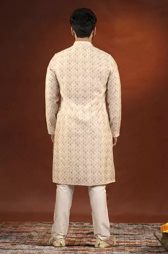 Cream printed side open kurta pajama