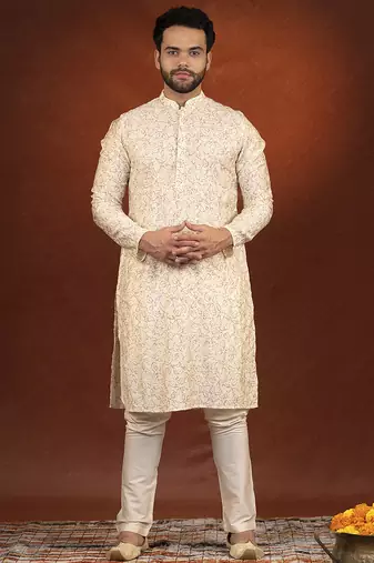 Cream embroidered kurta pajama