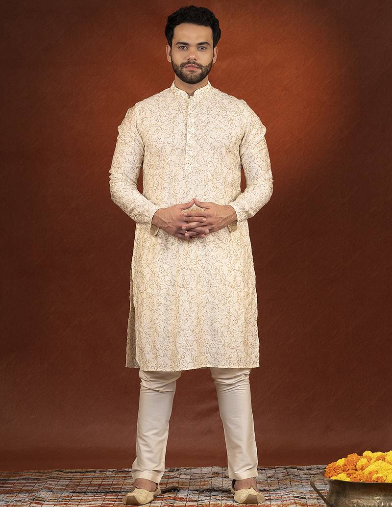 Cream embroidered kurta pajama