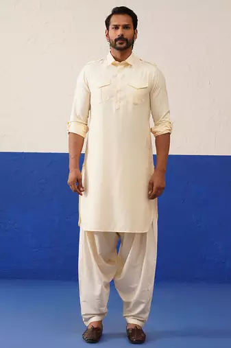 Cream pure cotton pathani with salwar set