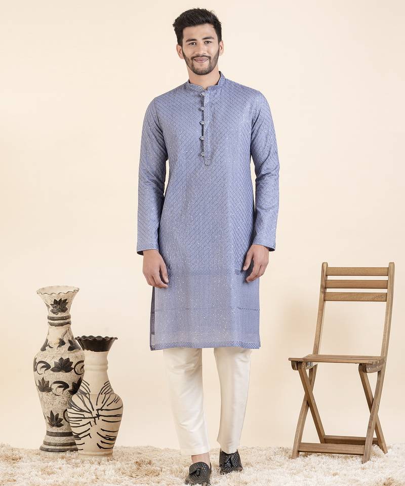 Blueish grey embroidered kurta pajama