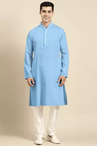 Blue light twill weave cotton kurta  set