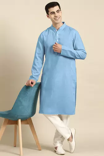 Blue light twill weave cotton kurta  set