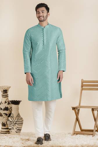 Light blue silk mirror embroidered kurta pajama