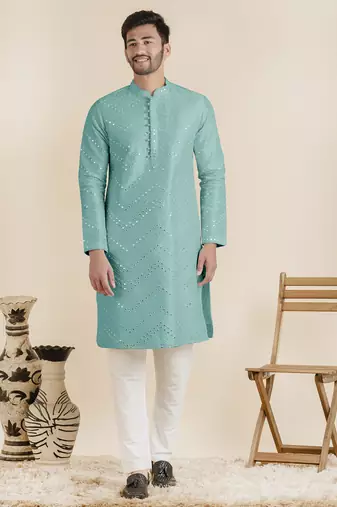 Light blue silk mirror embroidered kurta pajama