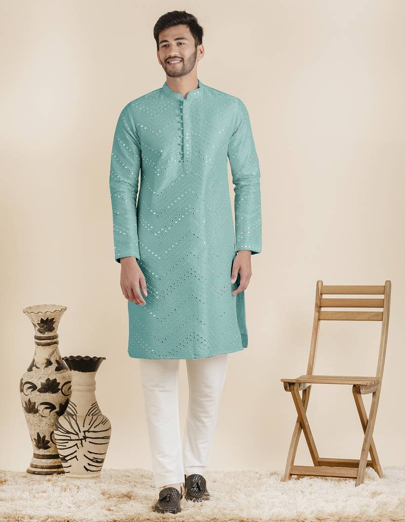 Light blue silk mirror embroidered kurta pajama