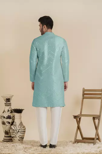 Light blue silk mirror embroidered kurta pajama