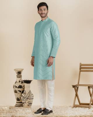 Light blue silk mirror embroidered kurta pajama 3