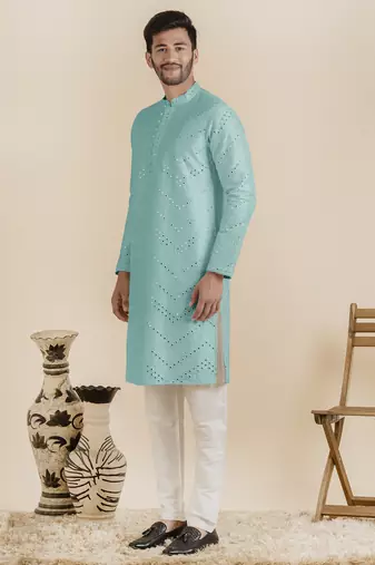 Light blue silk mirror embroidered kurta pajama