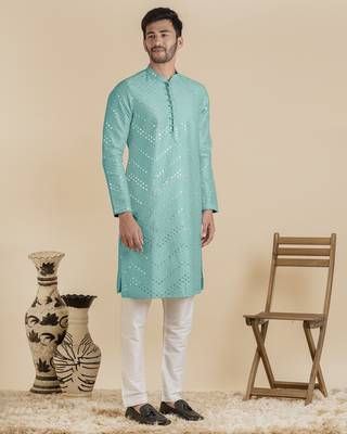 Light blue silk mirror embroidered kurta pajama 5