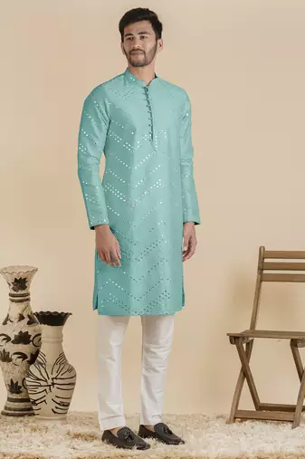 Light blue silk mirror embroidered kurta pajama