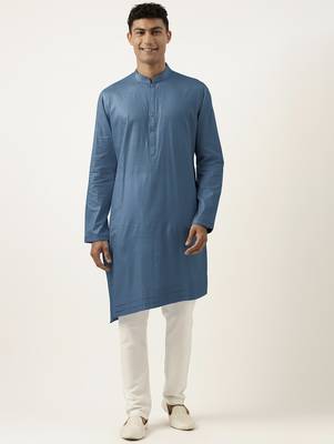 Cobalt blue asymmetrical cotton kurta pajama 1