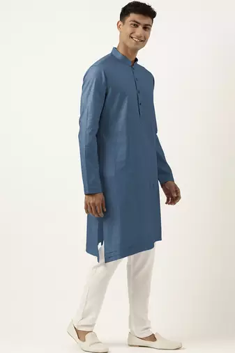 Cobalt blue asymmetrical cotton kurta pajama