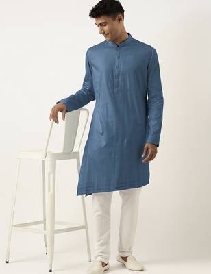 Cobalt blue asymmetrical cotton kurta pajama 4