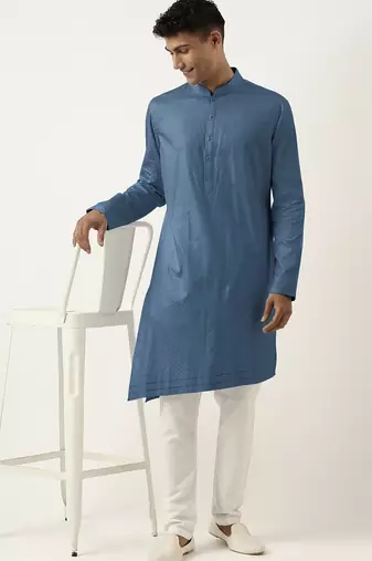 Cobalt blue asymmetrical cotton kurta pajama