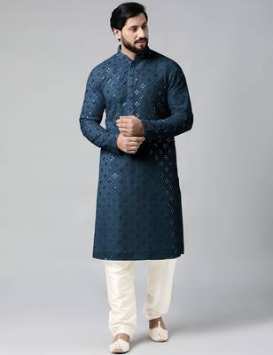 Blue mirror embroidery kurta pajama 1