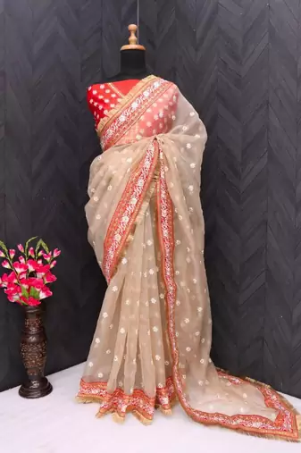 Light Chiku Thread And Zari Coding Work Organza Silk Saree