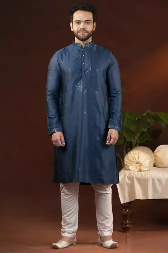 Denim blue embroidery kurta pajama