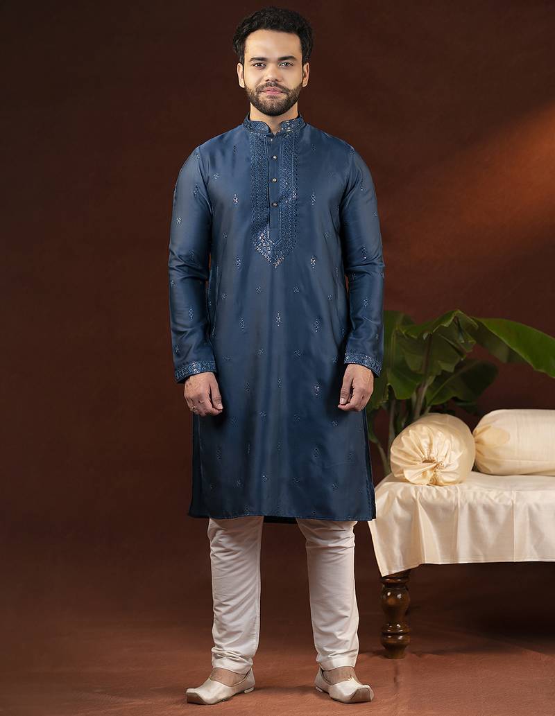 Denim blue embroidery kurta pajama