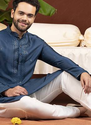 Denim blue embroidery kurta pajama 4
