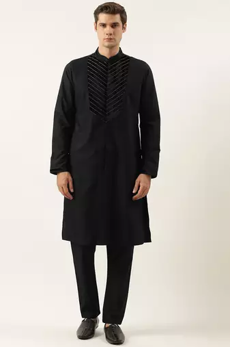 Black cotton with velvet detailing kurta pajama