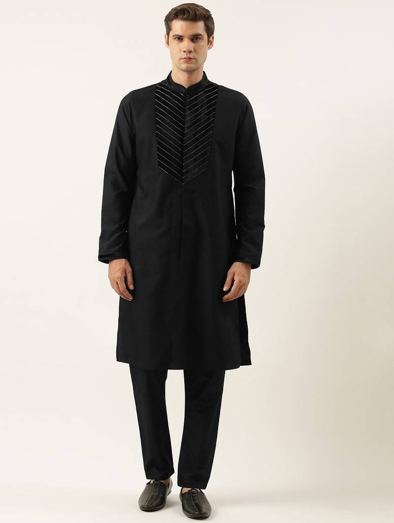 Black cotton with velvet detailing kurta pajama