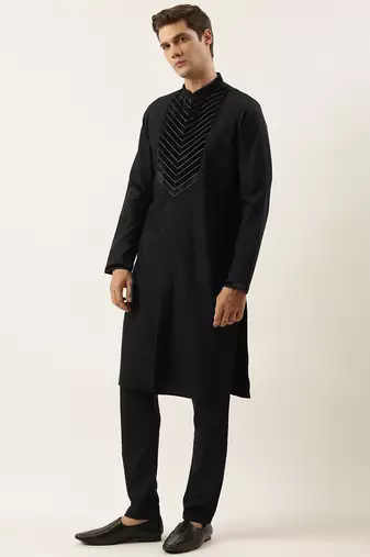 Black cotton with velvet detailing kurta pajama