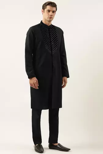 Black cotton with velvet detailing kurta pajama