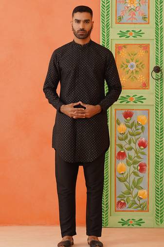 Black silk embroiderd front open kurta pajama