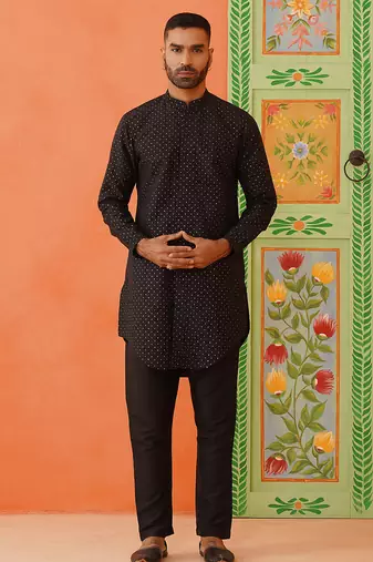 Black silk embroiderd front open kurta pajama
