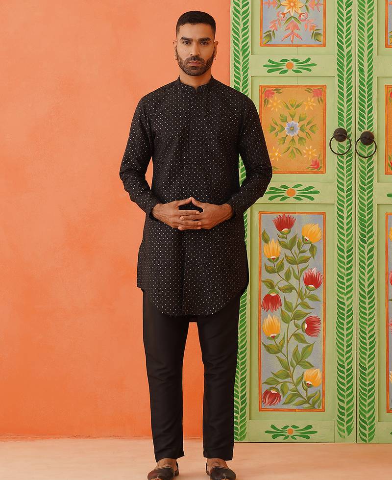 Black silk embroiderd front open kurta pajama