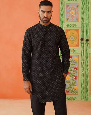 Black silk embroiderd front open kurta pajama 2