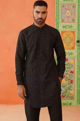 Black silk embroiderd front open kurta pajama