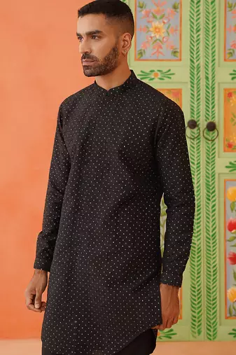 Black silk embroiderd front open kurta pajama