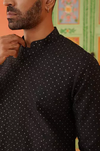 Black silk embroiderd front open kurta pajama