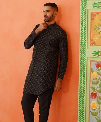 Black silk embroiderd front open kurta pajama 5