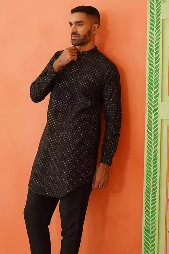 Black silk embroiderd front open kurta pajama