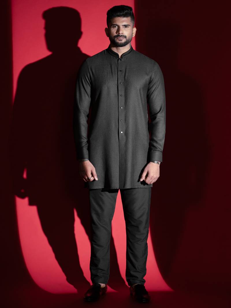 Black cotton front open kurta pajama