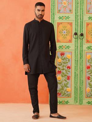 Black cotton front open kurta pajama 1