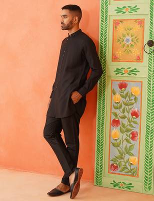 Black cotton front open kurta pajama 5