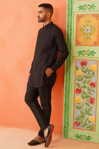 Black cotton front open kurta pajama