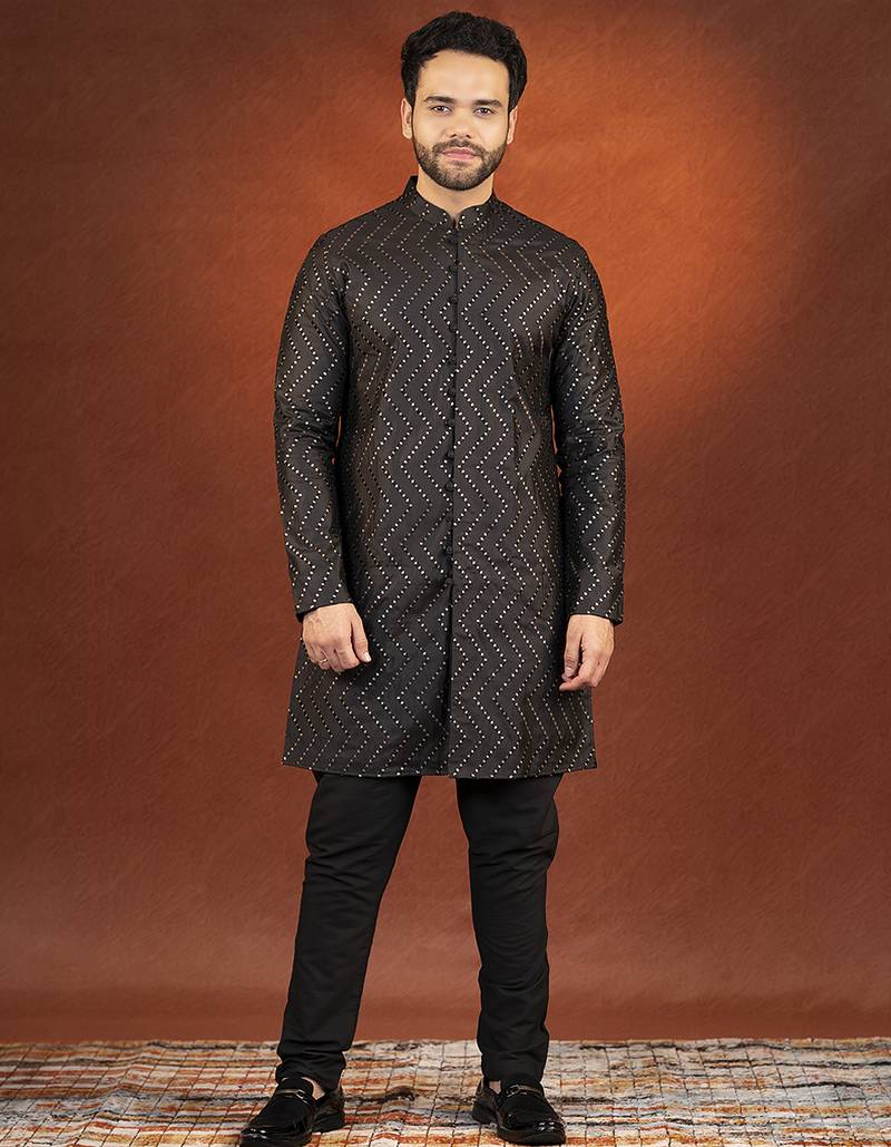 Black embroidered front open kurta pajama