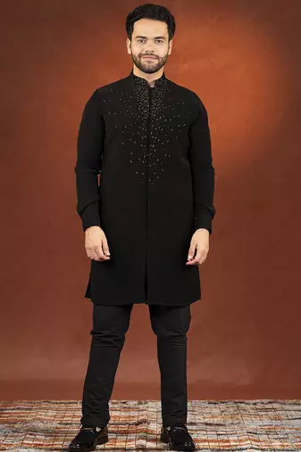 Black ceremonial front open kurta pajama