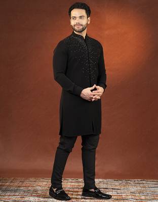 Black ceremonial front open kurta pajama 3